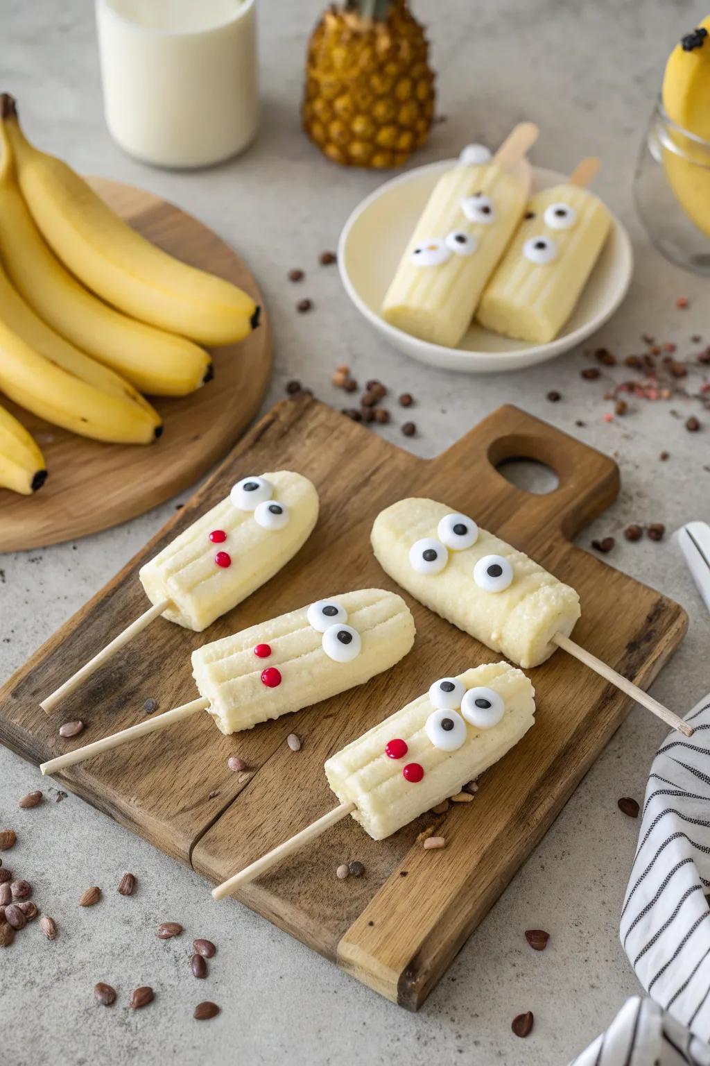 Ethereal banana treats arranged for a spooky snack occasion.