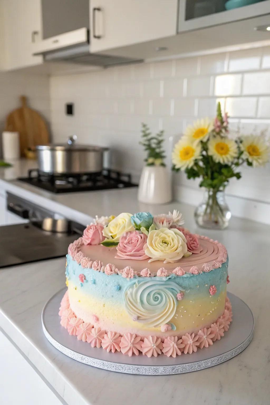 A pastel-colored cake perfect for spring birthdays.