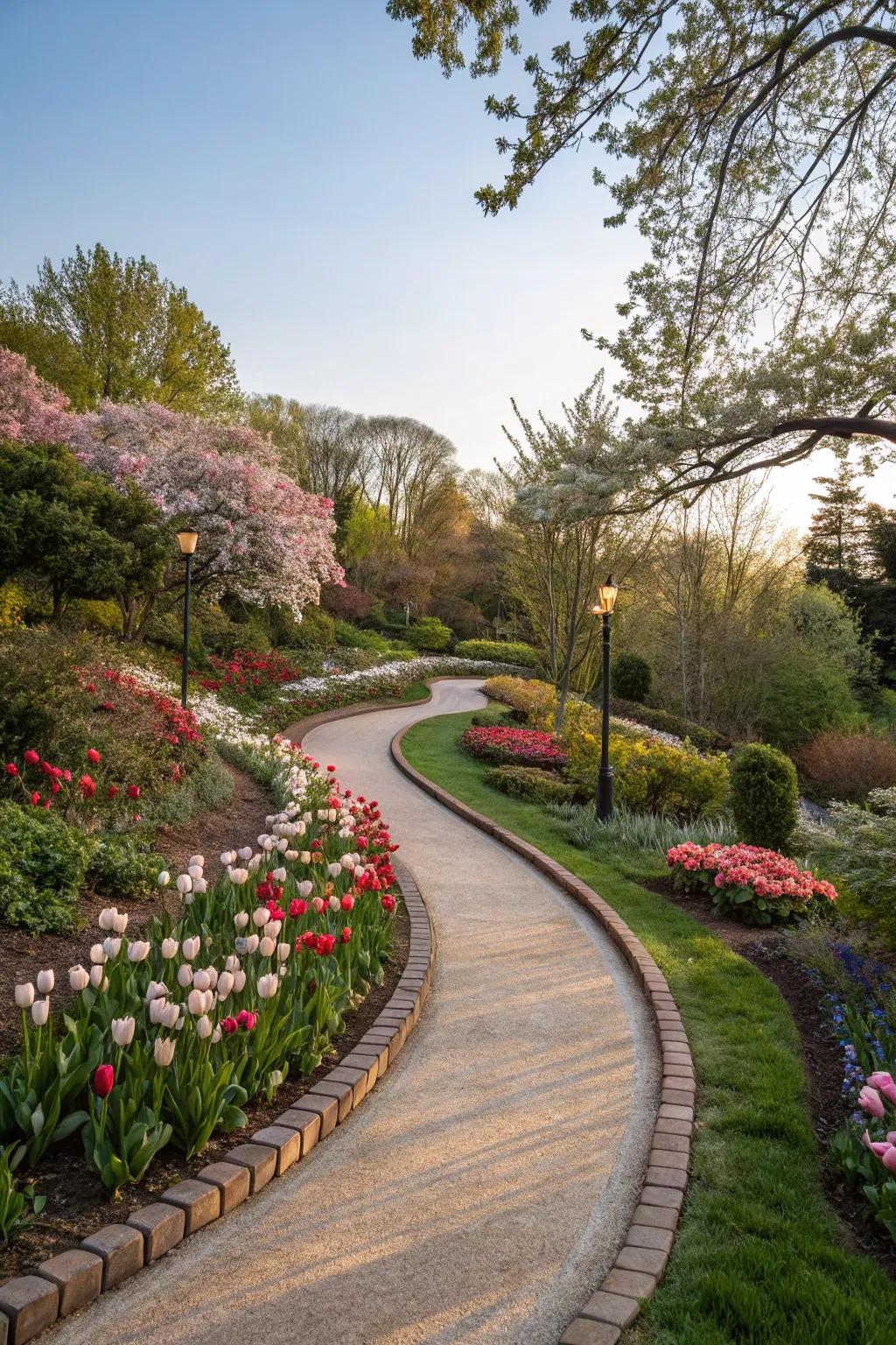 Winding paths adorned with blossoming flowers infuse charm into any garden.
