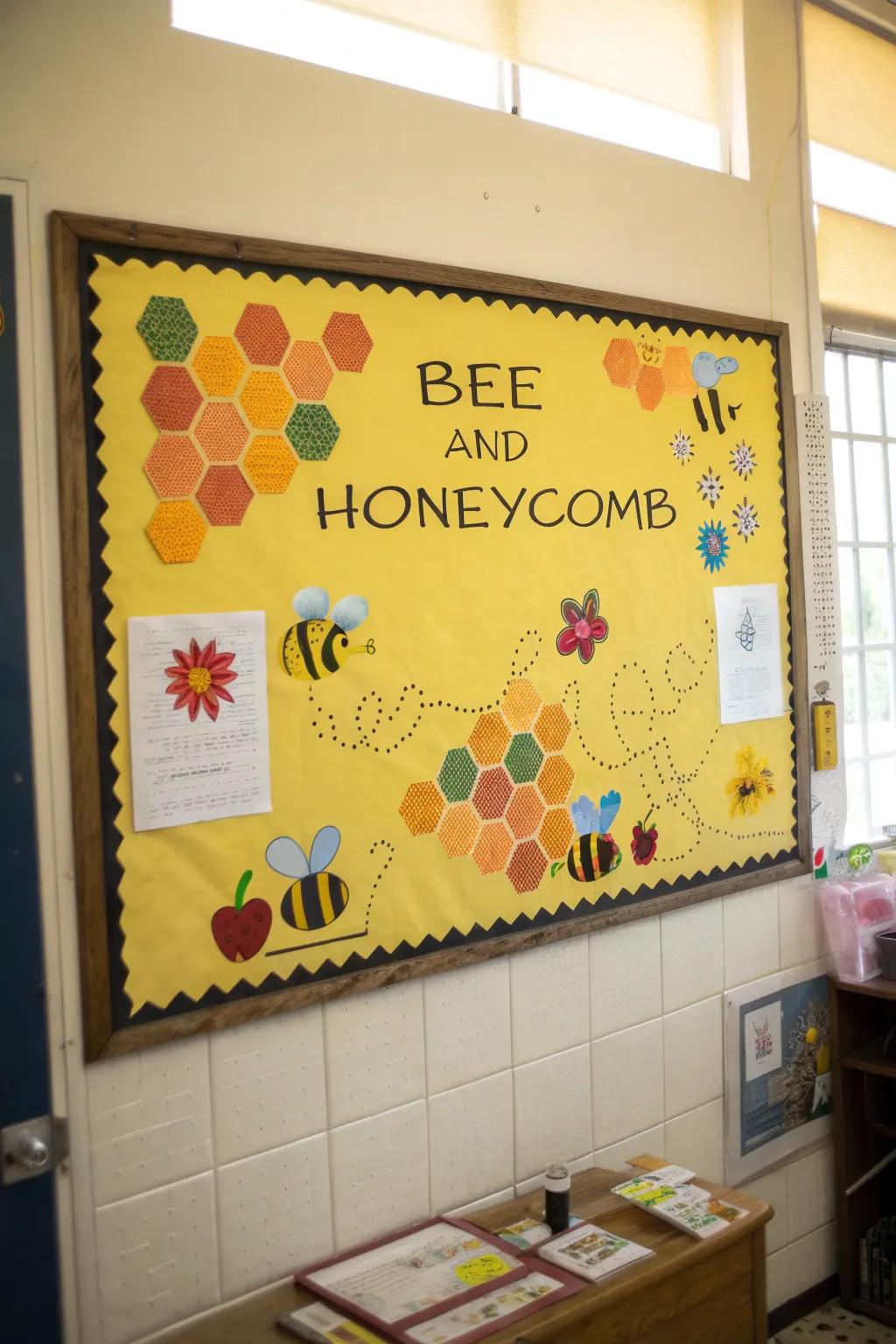 A bee-themed office bulletin board showcasing honeycomb patterns and encouraging messages.