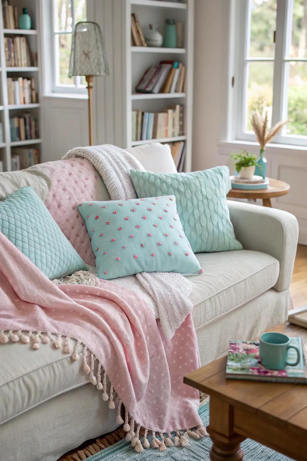 Light touches really bring a living room to life with spring.