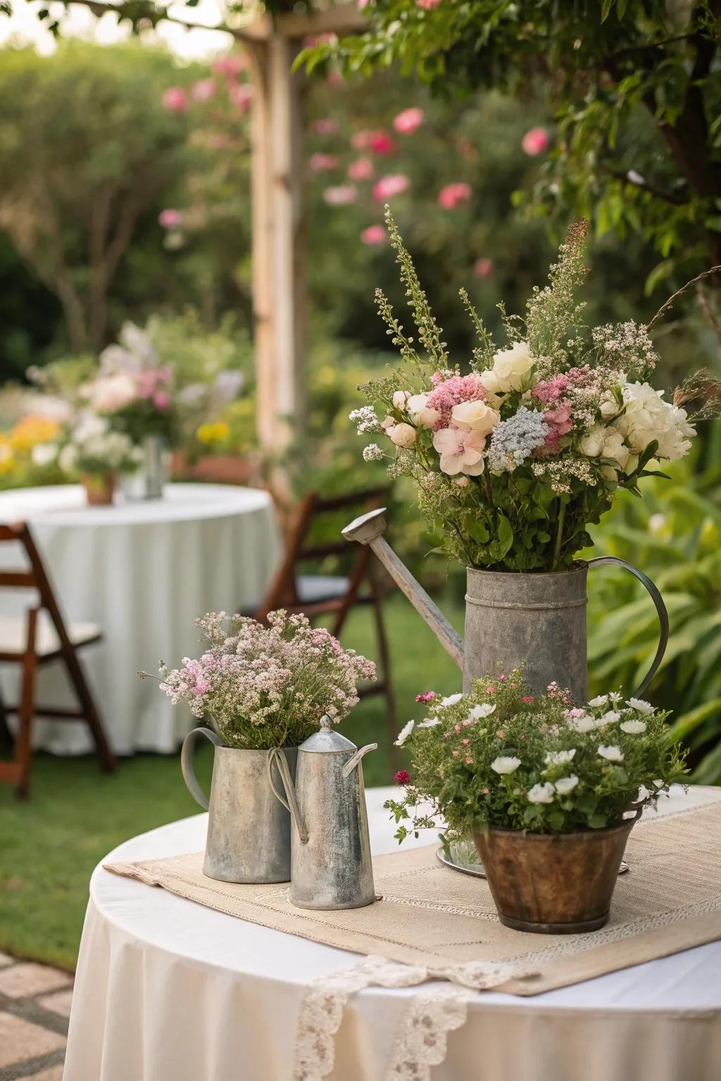 Introduce a playful element with floral centerpieces arranged in repurposed vintage containers.