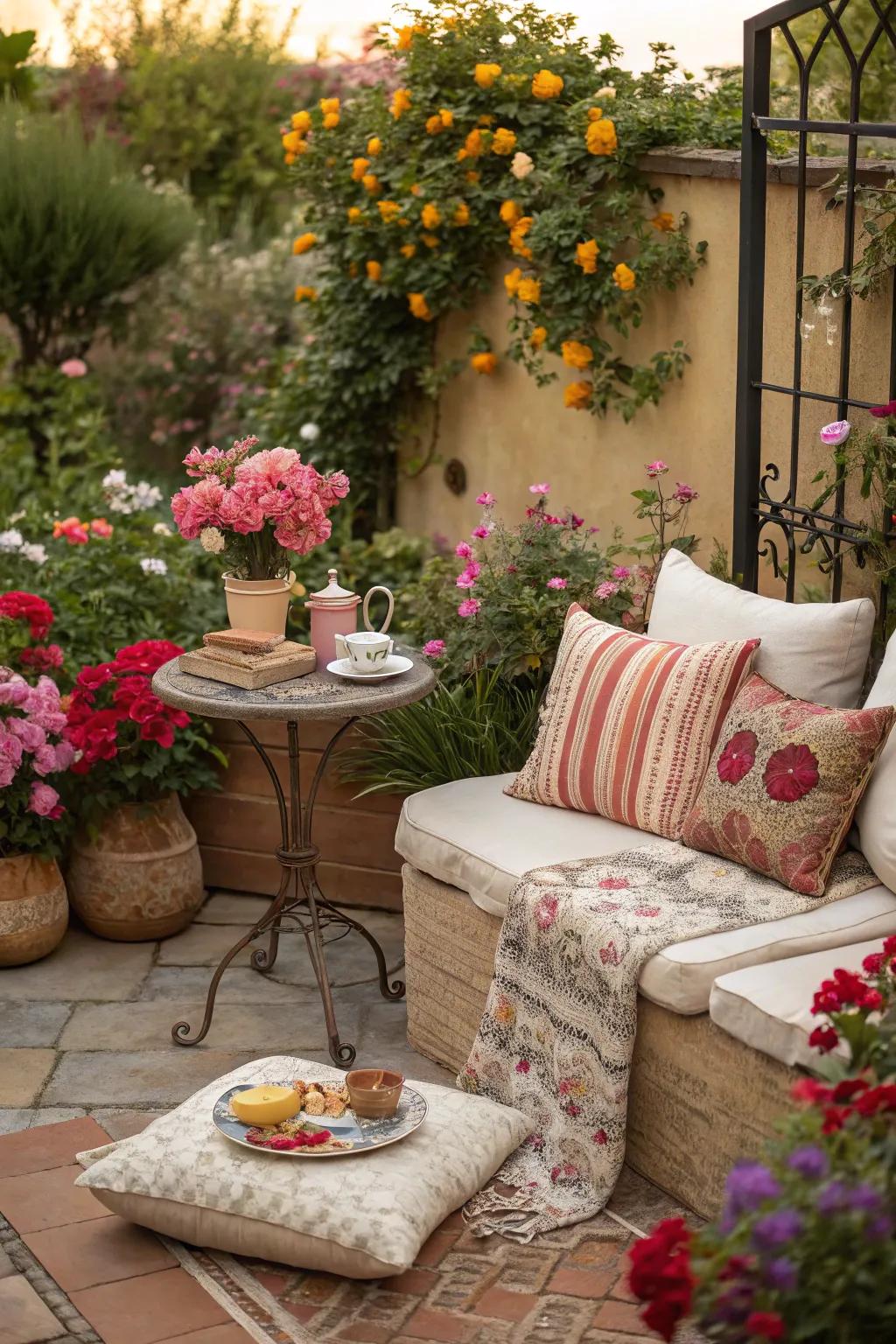A peaceful outdoor seating area ideal for savoring morning coffee while cherishing the garden's splendor.