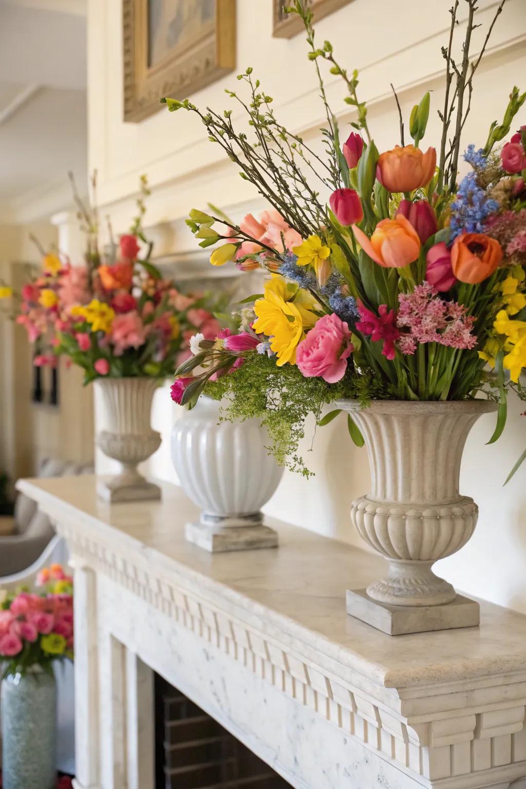 Luminous floral arrangements breathe animation and hues into your mantel.
