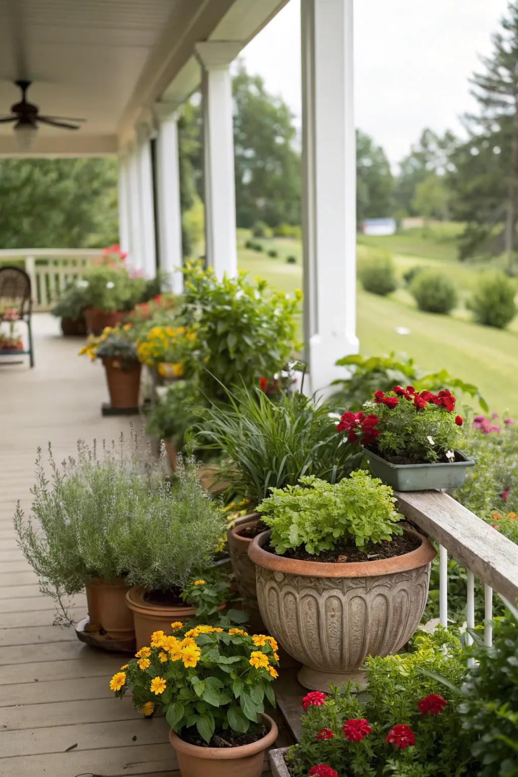 An engaging assortment of potted flora imparts vitality and hue to any springtime veranda.
