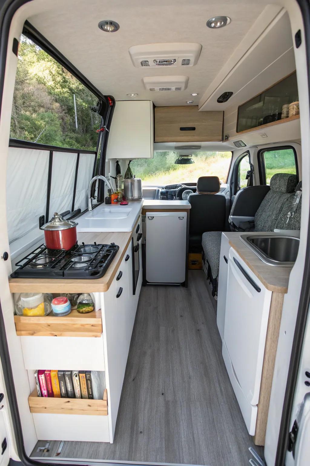 A well-thought-out small kitchen in a Sprinter van.
