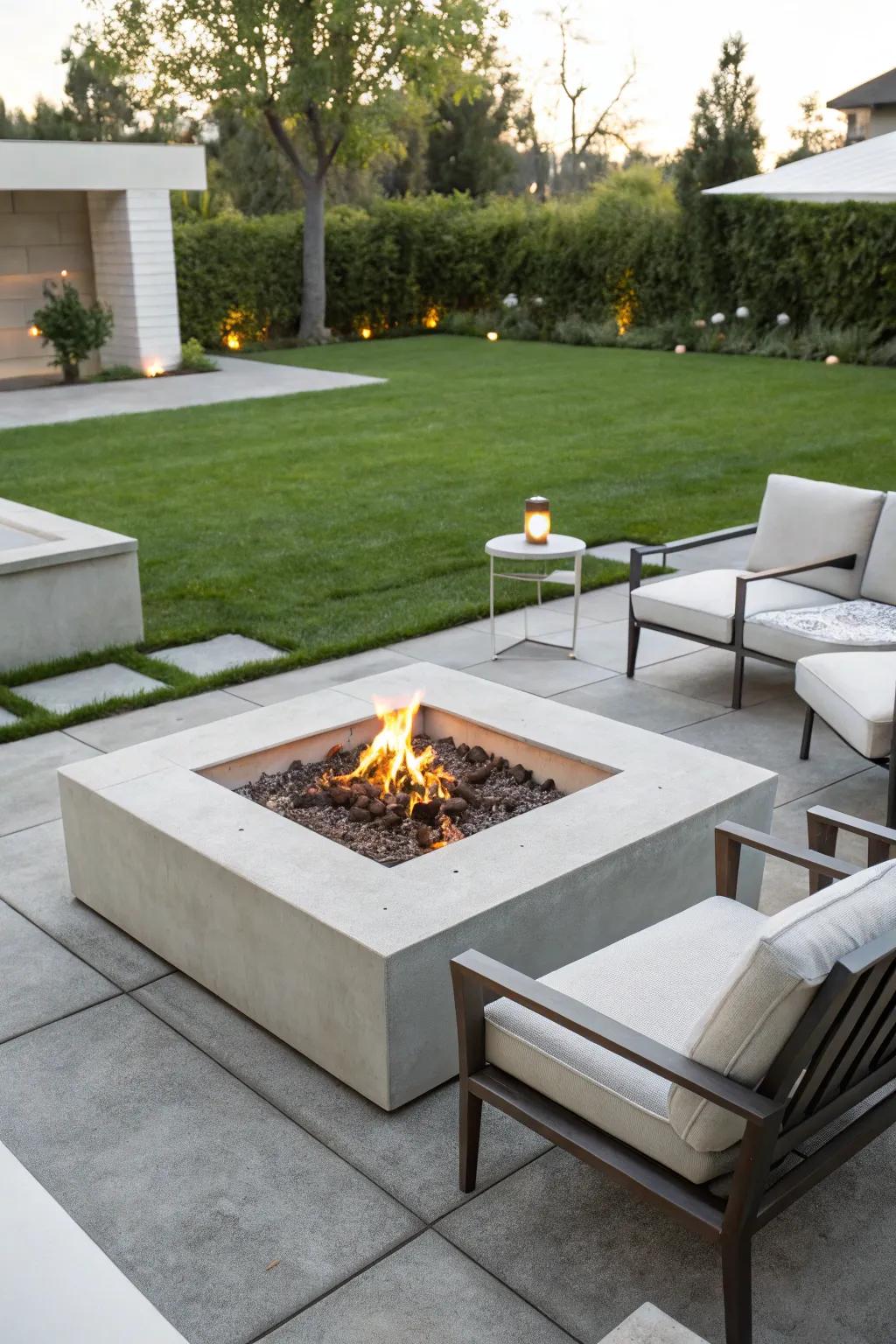 A contemporary concrete fire pit adds a touch of modern elegance to any patio.