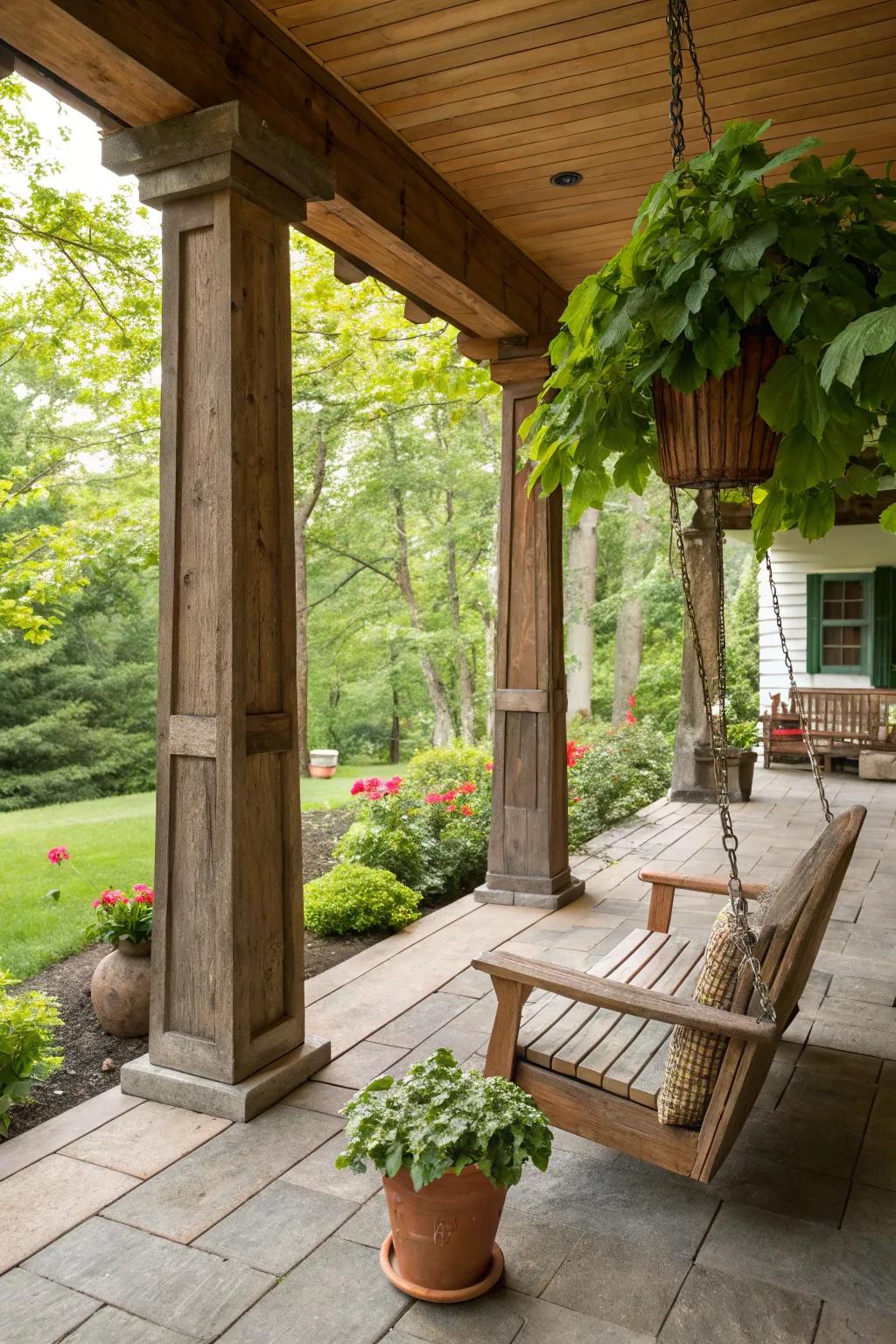 Redwood upright posts lend a natural allure to this rustic porch.
