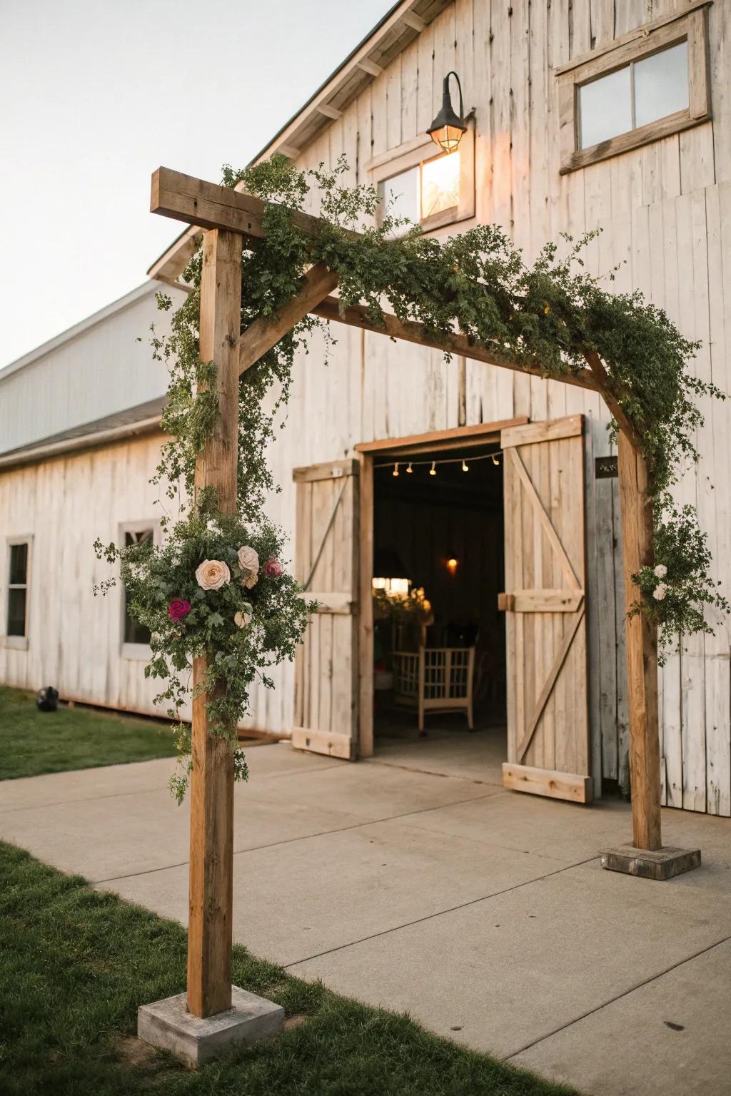 A countryside wooden square arch, presenting a cozy, enchanting setting for ceremonies.