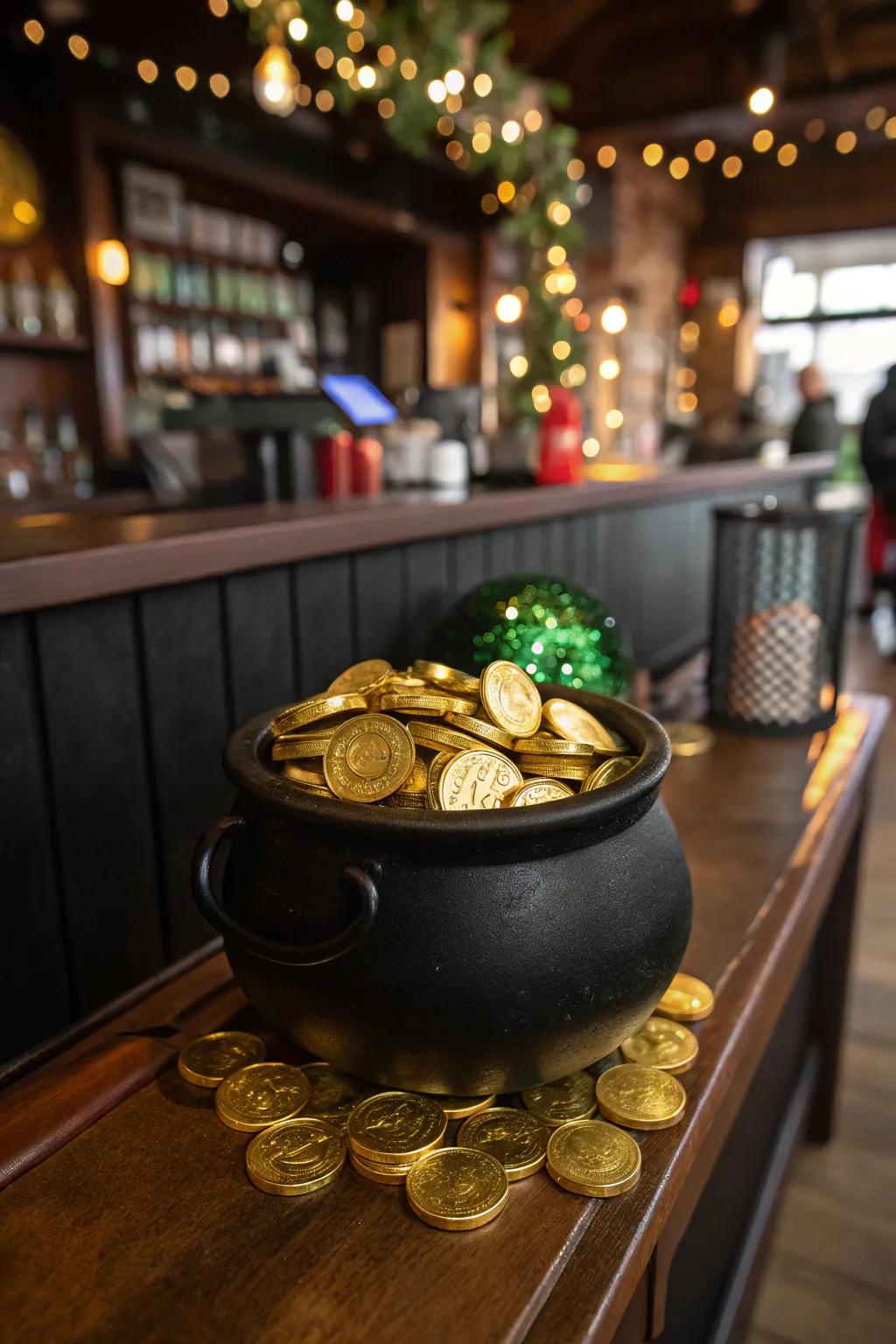 A playful pot of gold introduces a fun element to your St. Patrick's Day bar.