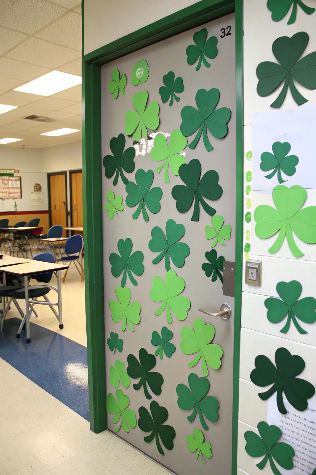 A classroom door lavishly decorated with verdant shamrocks, a classic for St. Patrick's festivities.