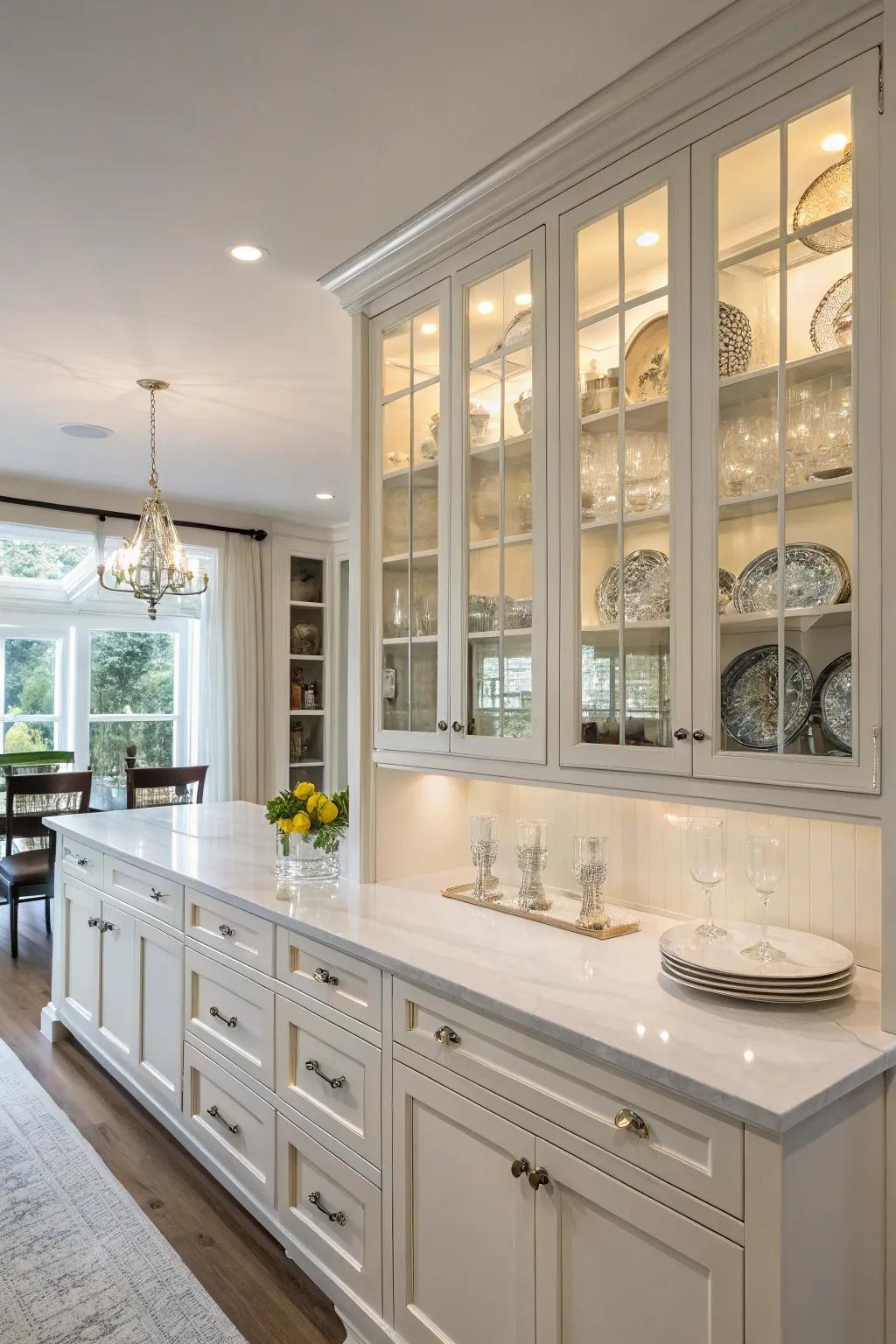 Glass-front cabinets foster an inviting atmosphere by displaying exquisite tableware.
