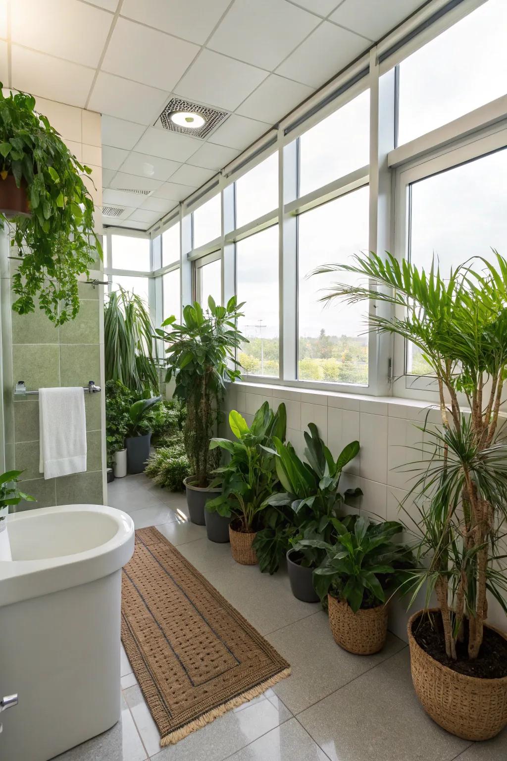 Lush plants give a revitalizing aspect to this staff bathroom.