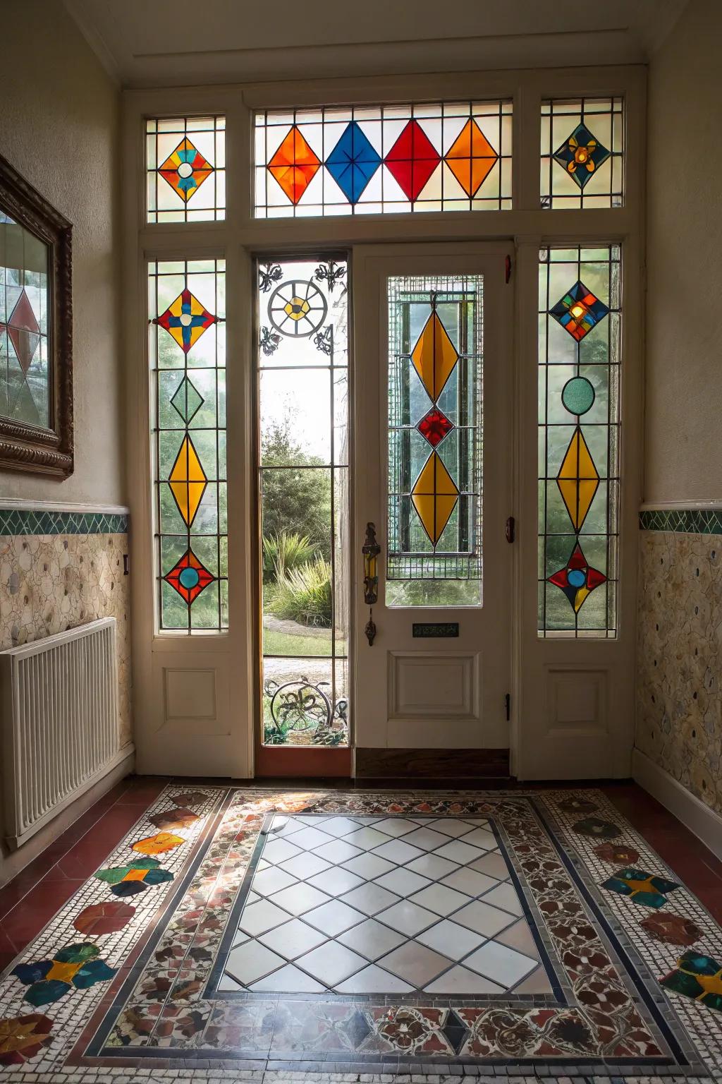 Geometric stained glass panels create a striking impression at the front of your residence.