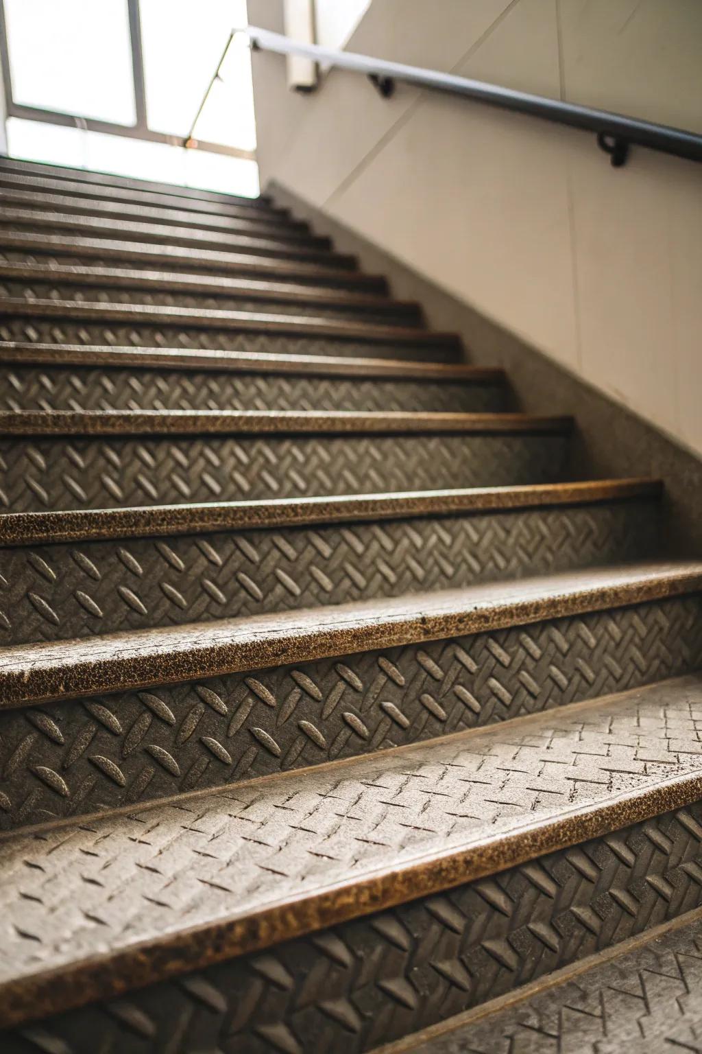 Embossed stair treads deliver both safety and a unique aesthetic enhancement.
