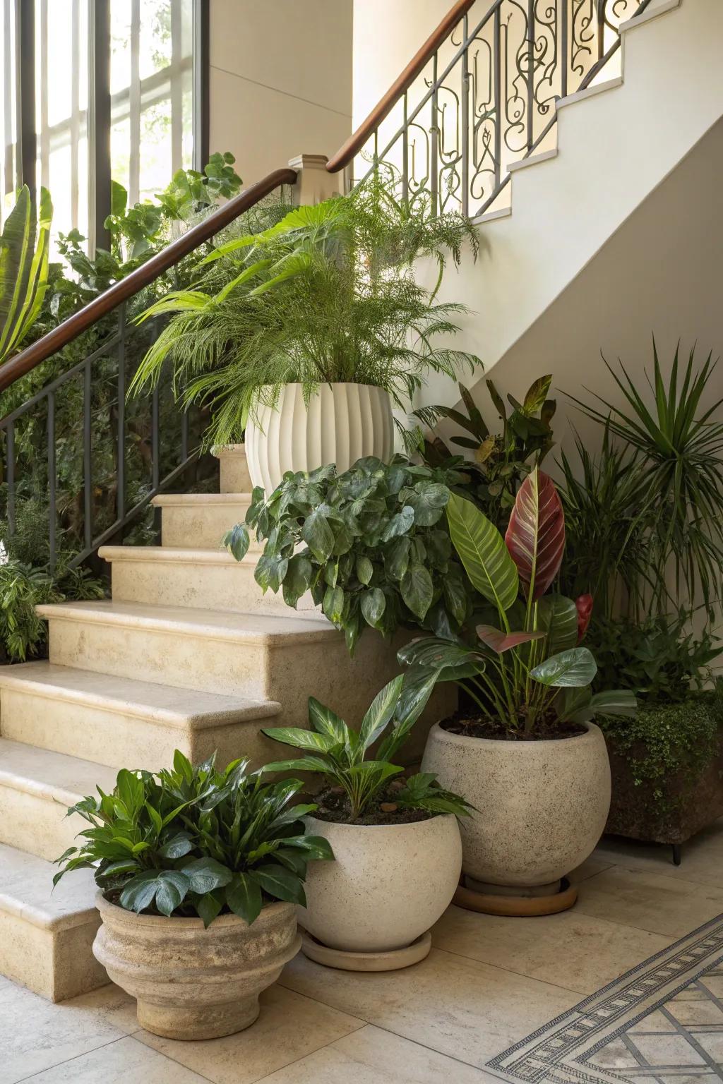 Adding indoor plants to your stair landing will breathe life into the space and make it feel more vibrant and fresh.