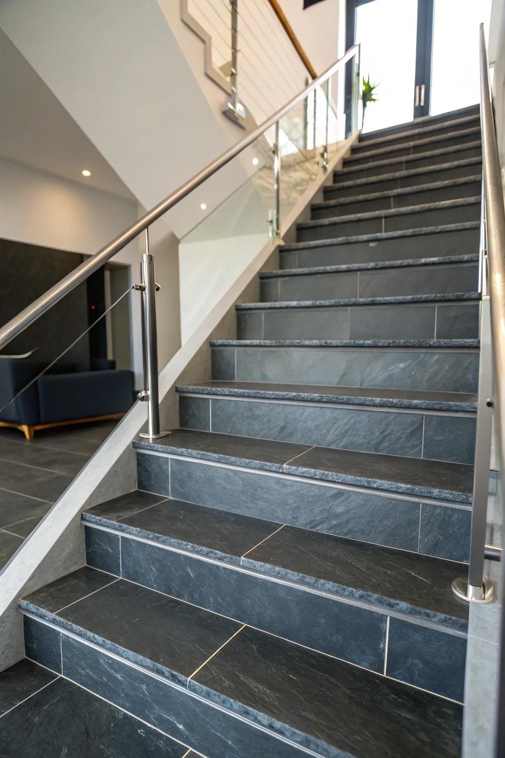 Chic stone slates bring a contemporary flair to any staircase design.