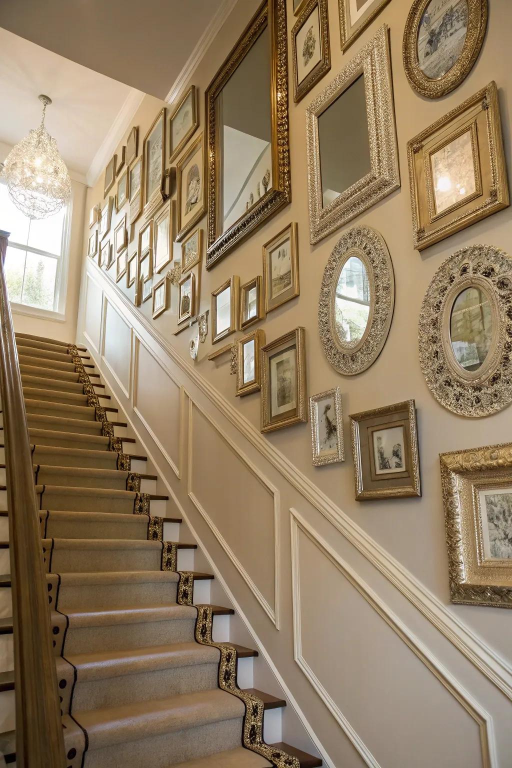 Mirrors bring an air of sophistication and amplify space within the stairway area.