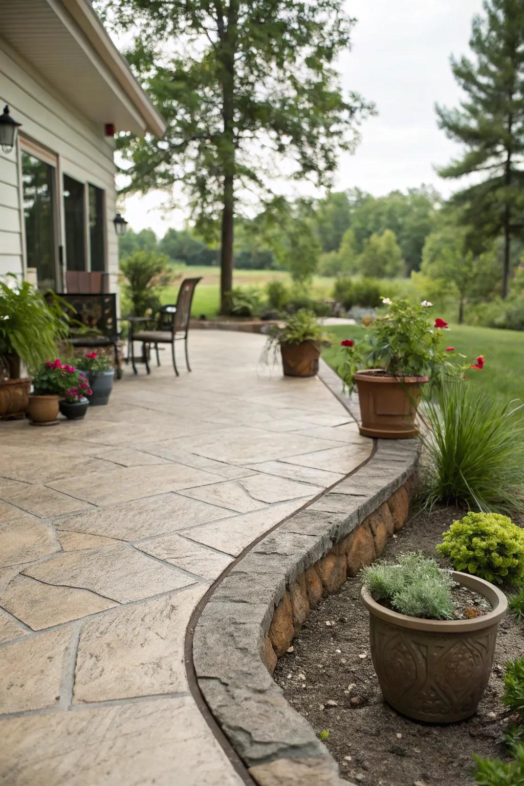 Elegant patio showcasing a natural stone-look stamped concrete border