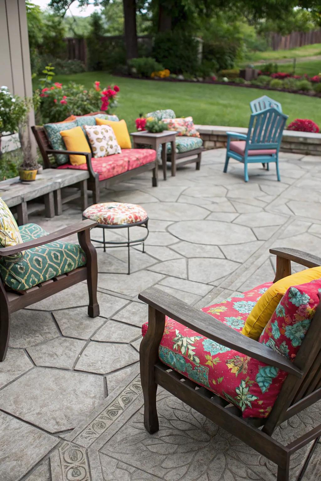 Comfortable outdoor seating arrangement on a stamped concrete patio.