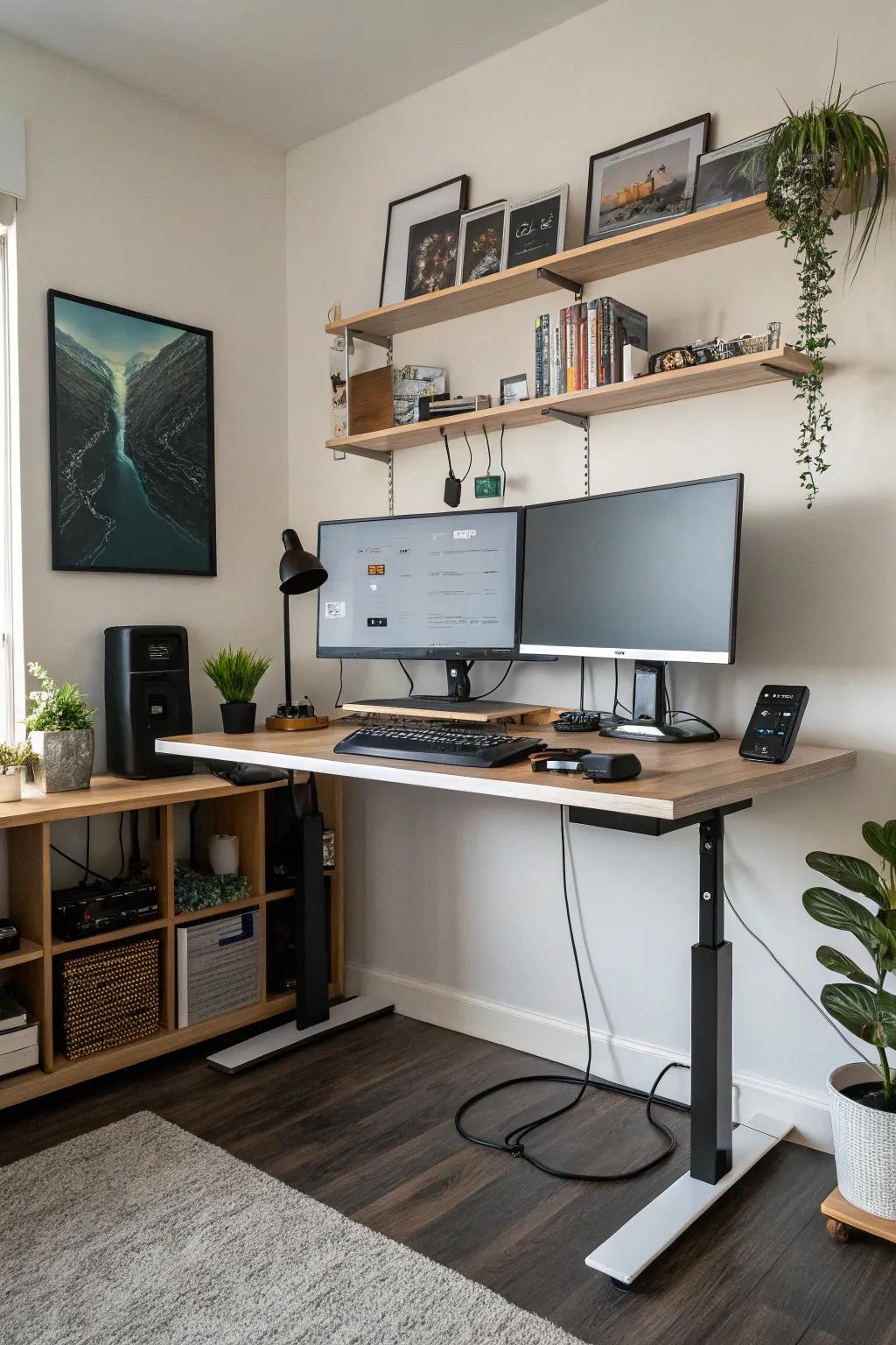 A two-screen upright desk layout that ups what you get done.