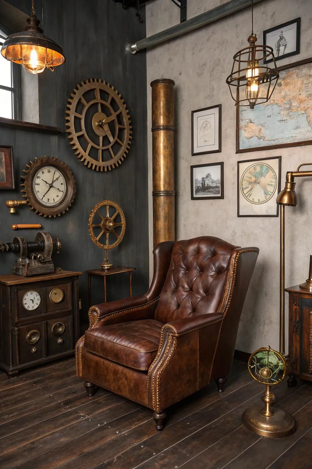 A vintage leather armchair delivers a feeling of history and comfort to a steampunk area.