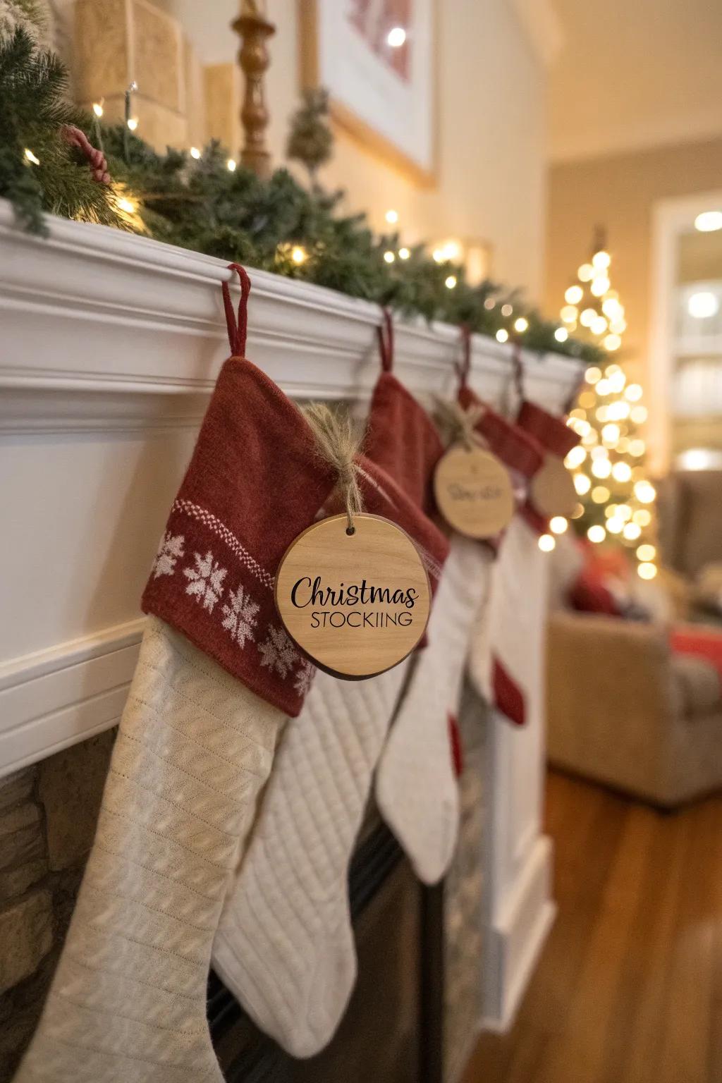 Country-style wood tags give a personal touch to your stockings.