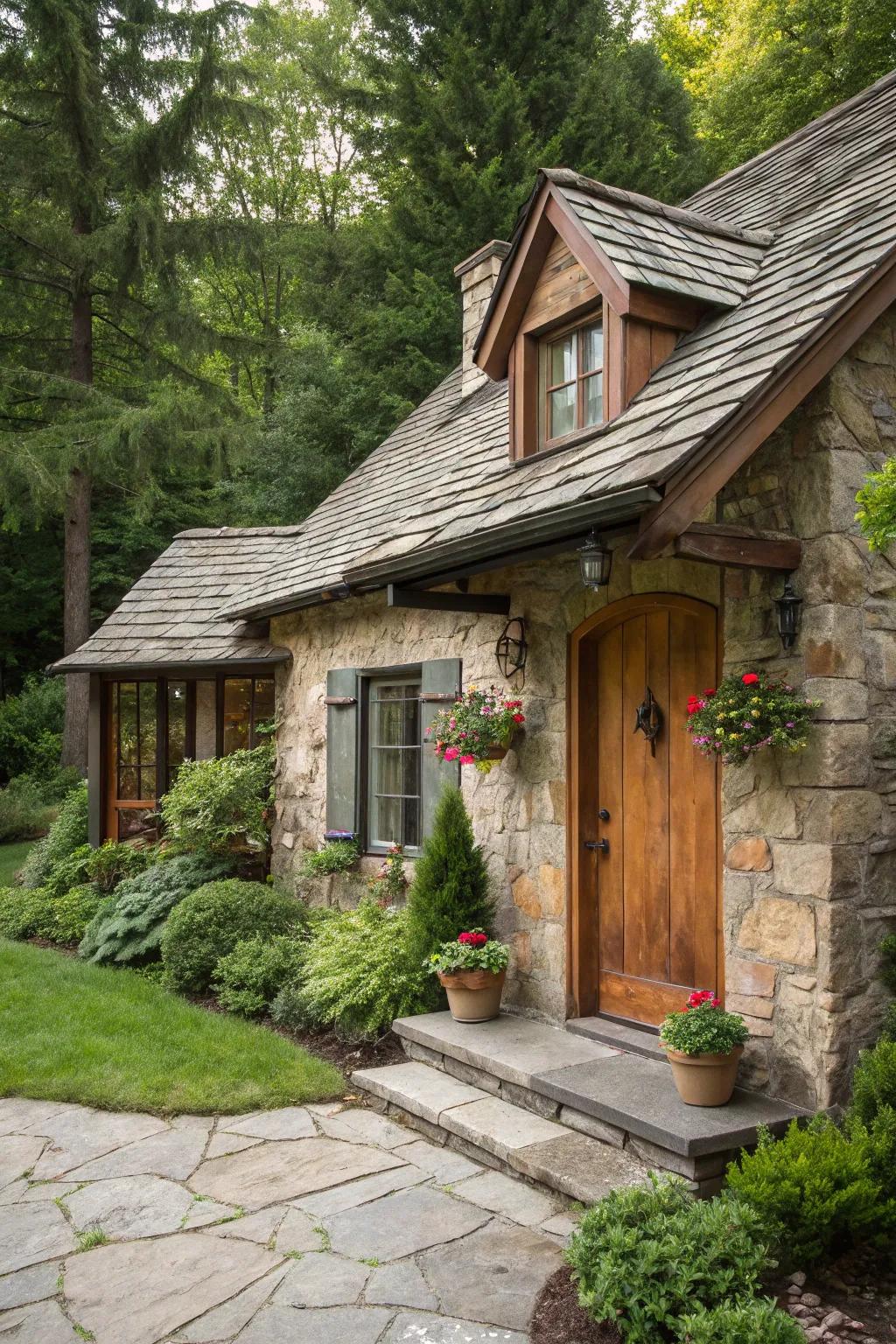 A quaint cottage-inspired home highlighted by a rustic meadowstone facade.