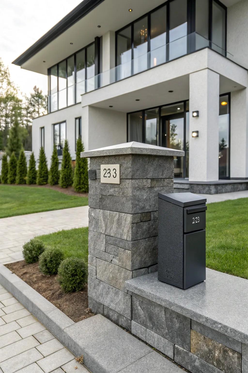 A sleek shiny rock mailbox pillar that shows off modern style.