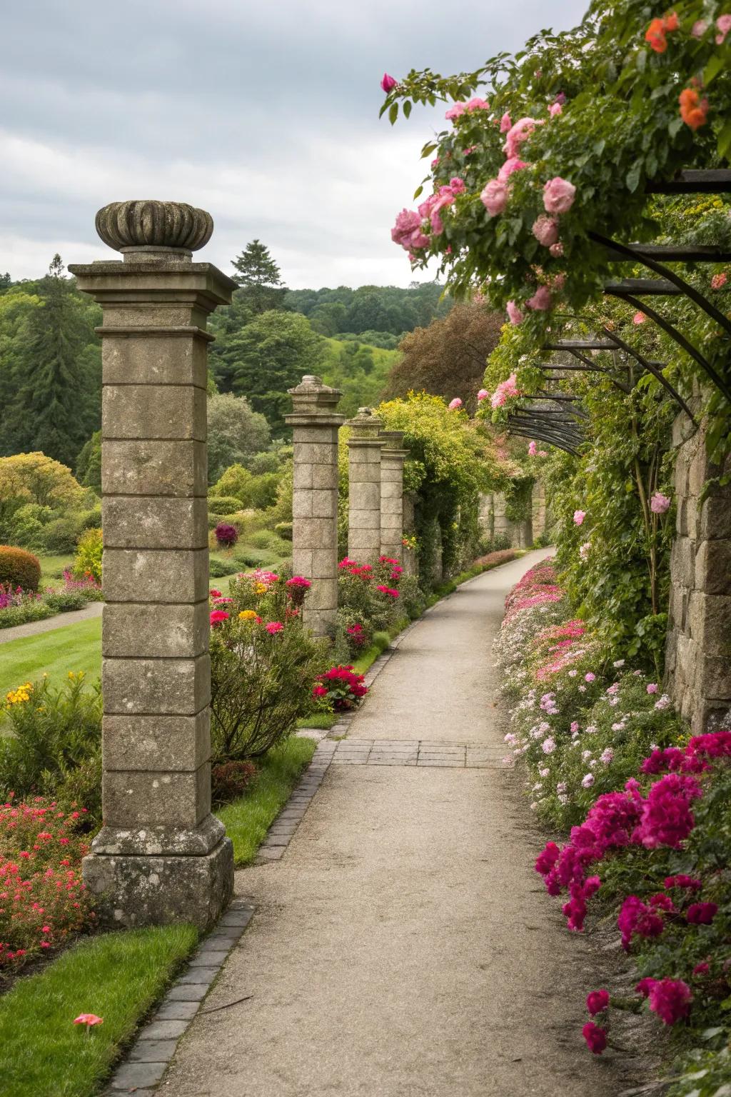 Fabricate a magical garden journey with carefully placed stone pillars.