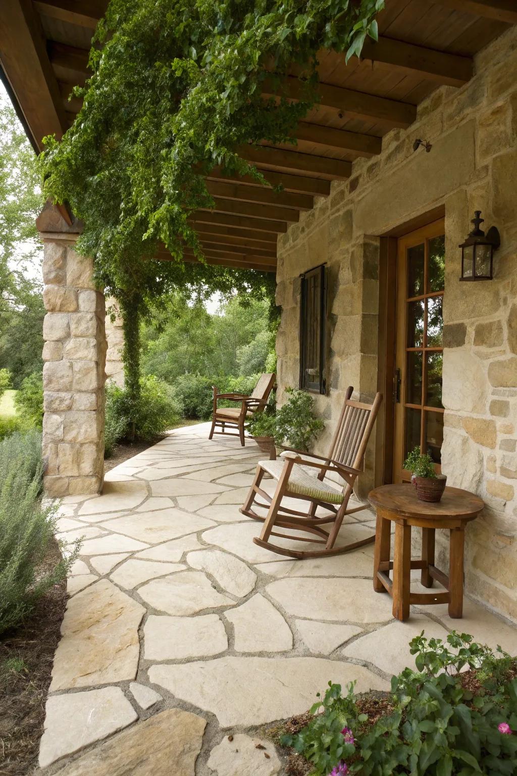 Sandy hue rock slab lends countryside charm and resilience against the elements.