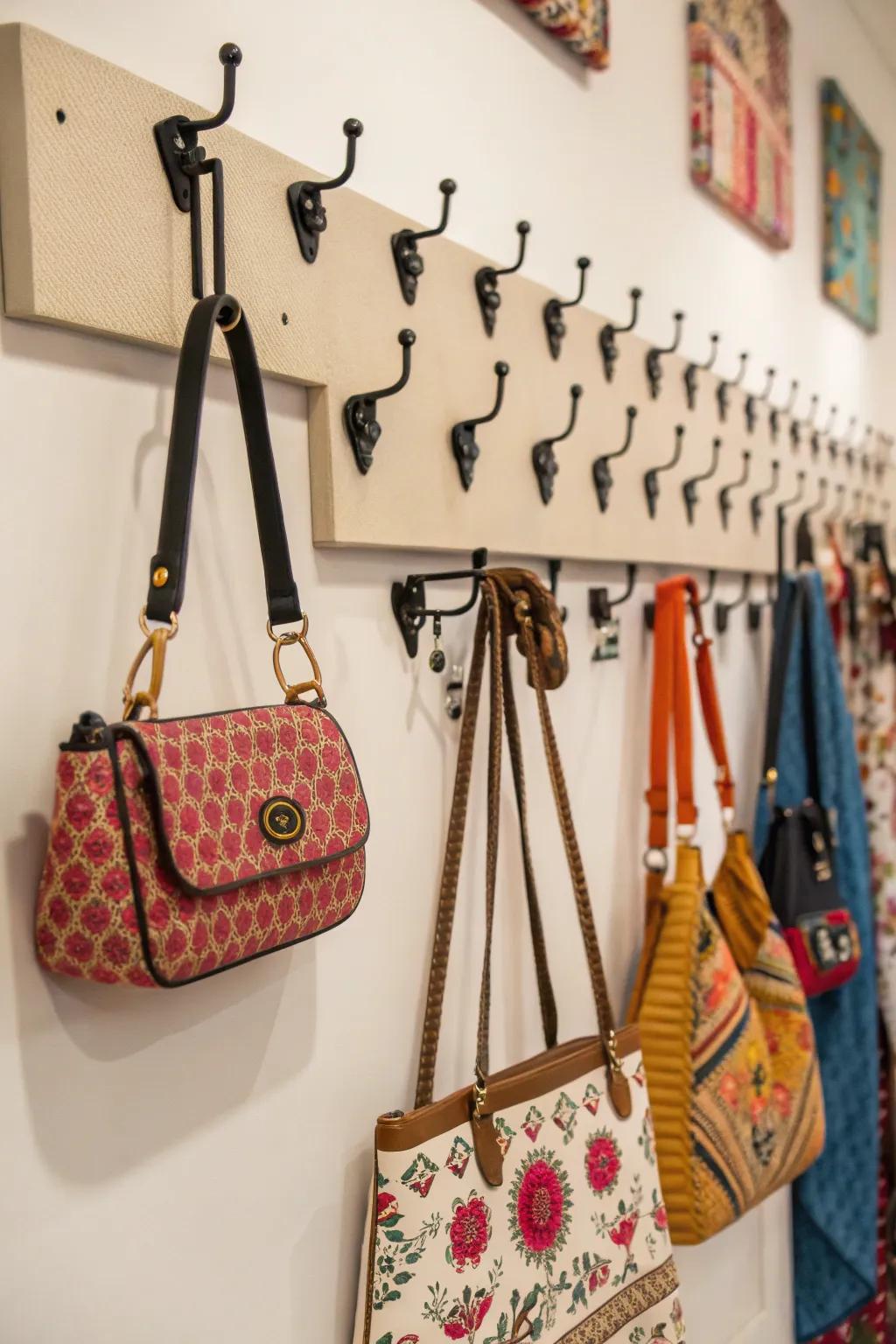 Decorative hooks displaying stylish handbags in an elegant manner.