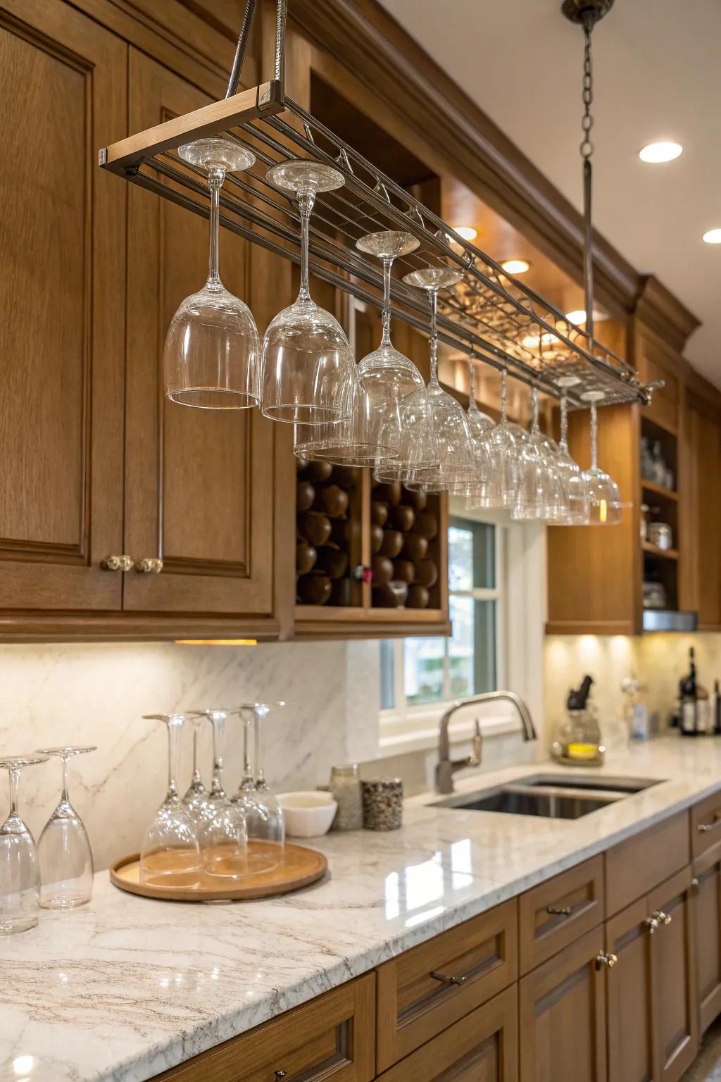Hanging racks provide an elegant and space-efficient spot for delicate glasses.