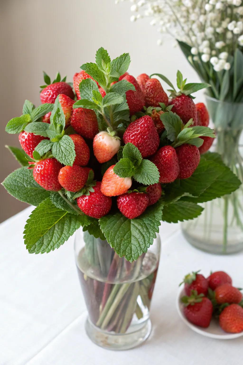 An extraordinary edible bouquet featuring strawberries and sprigs of mint.