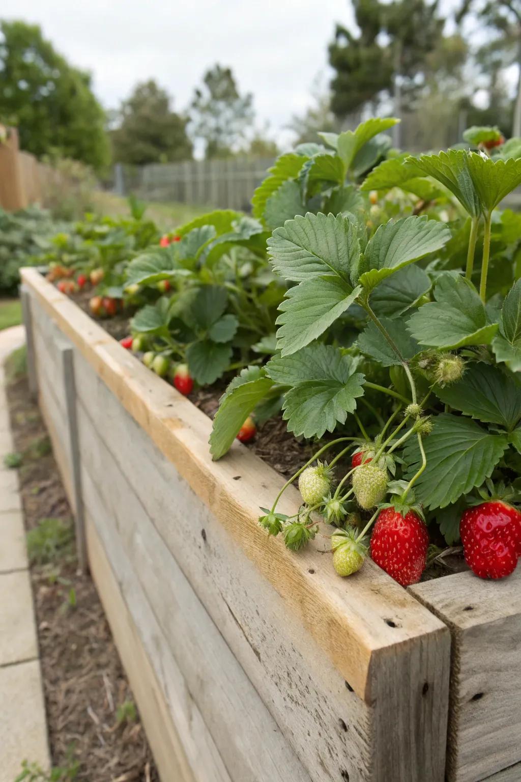 Strawberries thriving in an appealing wooden elevated bed.