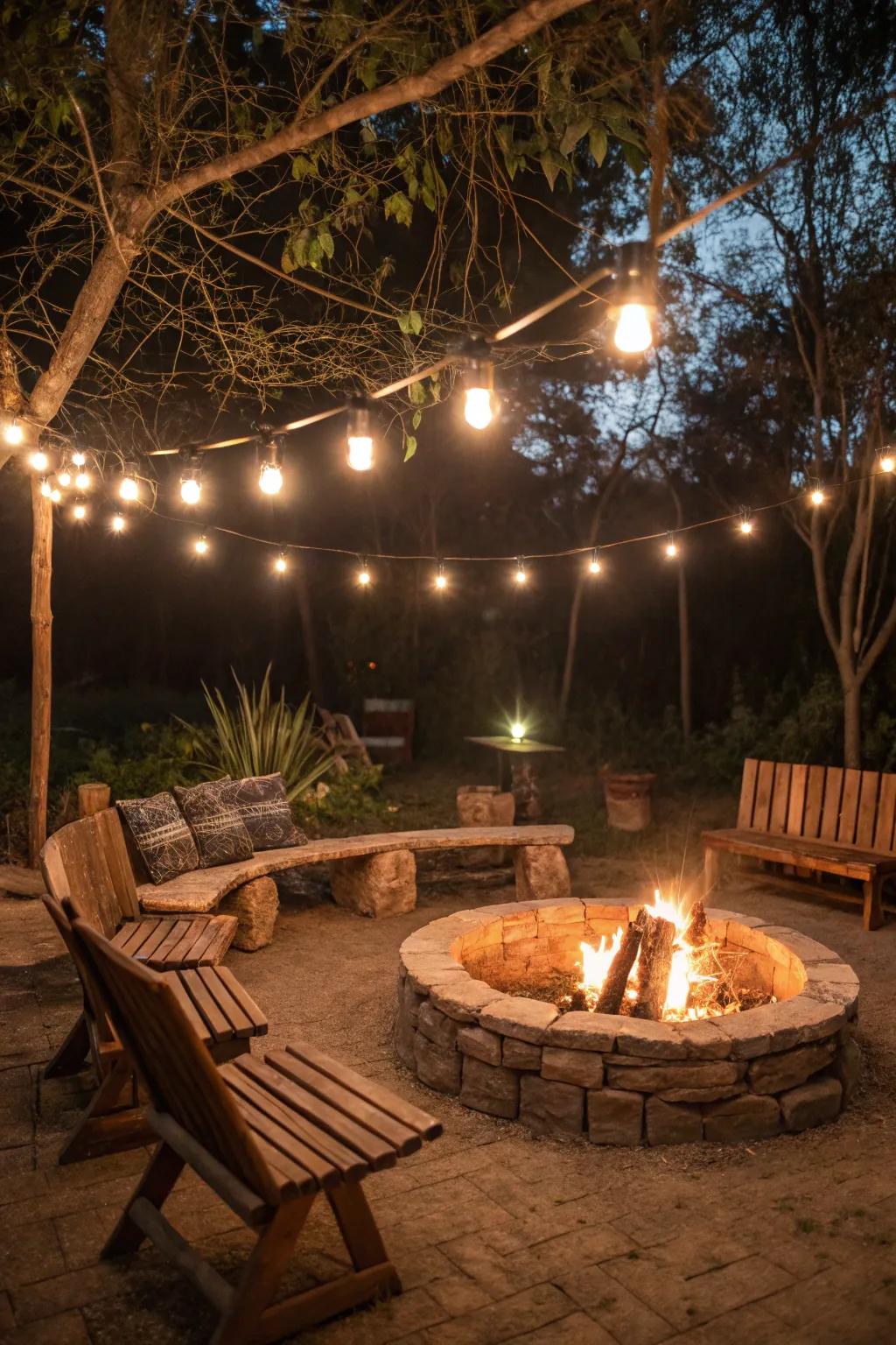 Retro bulbs provide a snug, nostalgic radiance over the fire pit.