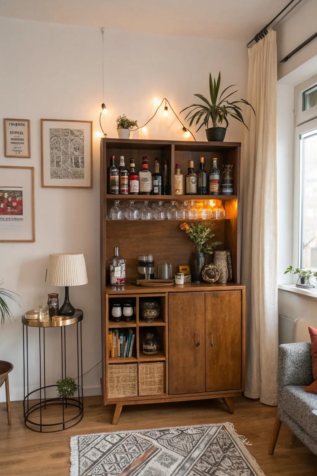 A multipurpose hutch seamlessly provides both storage and a place to entertain.