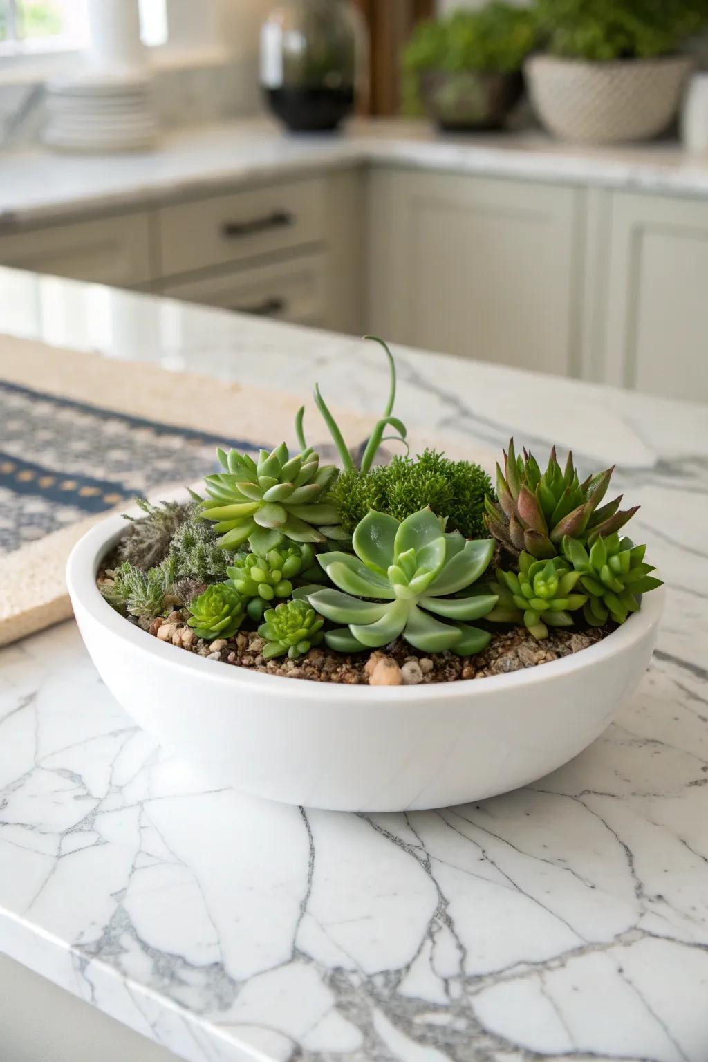 A modern succulent garden displayed in a minimalist ceramic bowl.