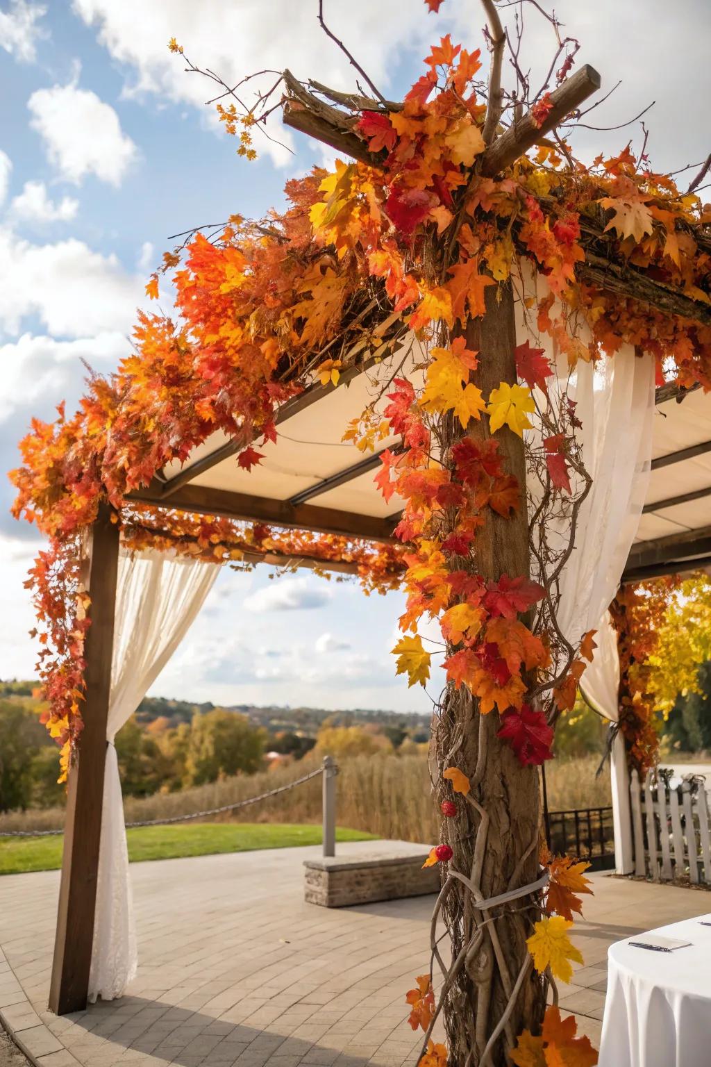 An inviting sukkah adorned with vibrant autumnal leaves and branches.