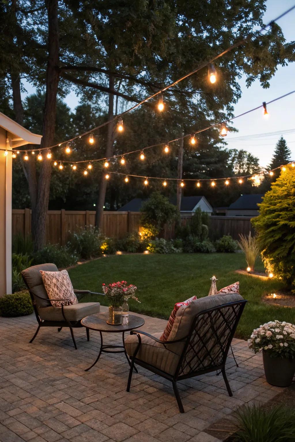 Enhance your backyard's ambiance with the mesmerizing glow of string lights.
