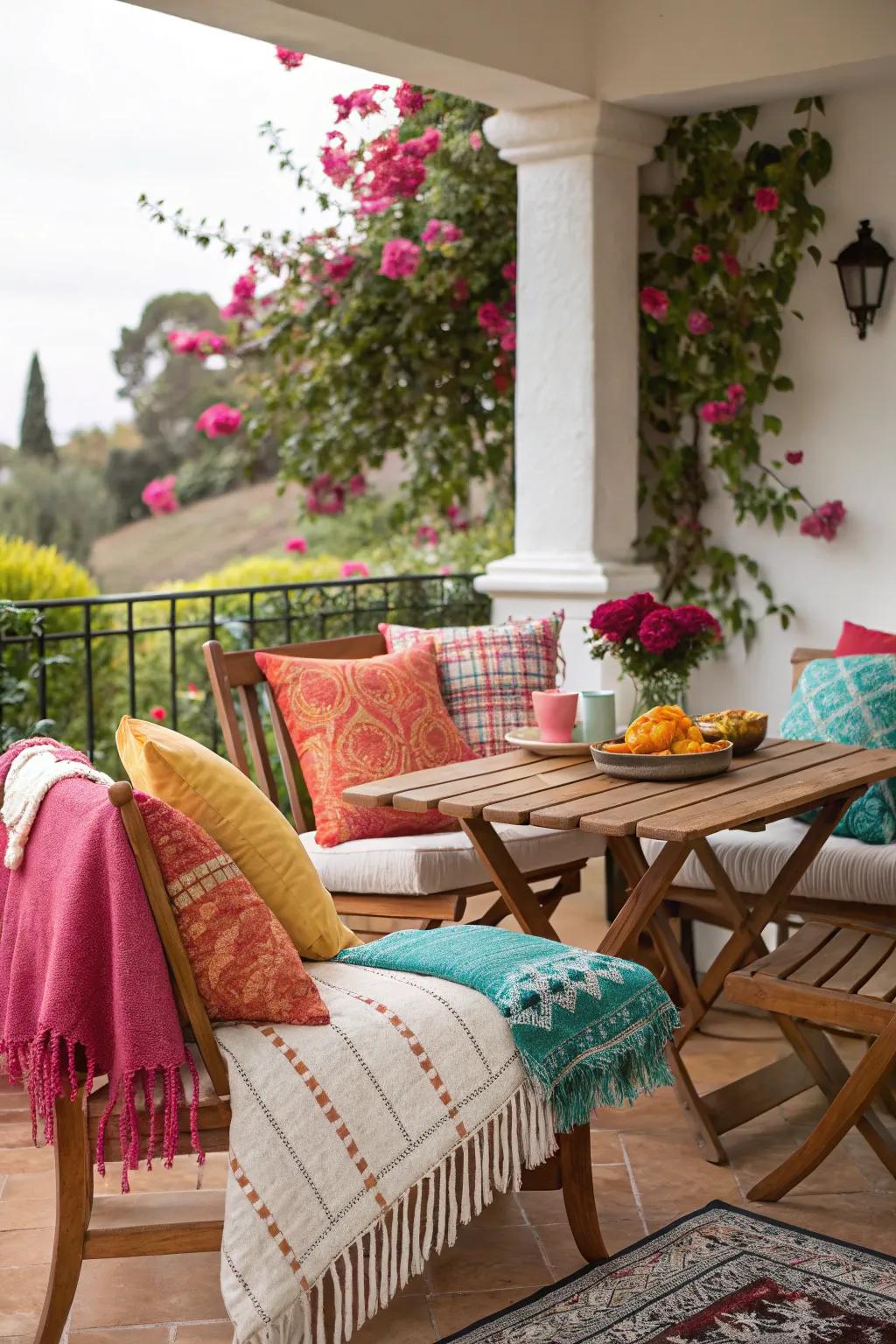 A patio transformed into an appealing open-air escape with colorful decor.