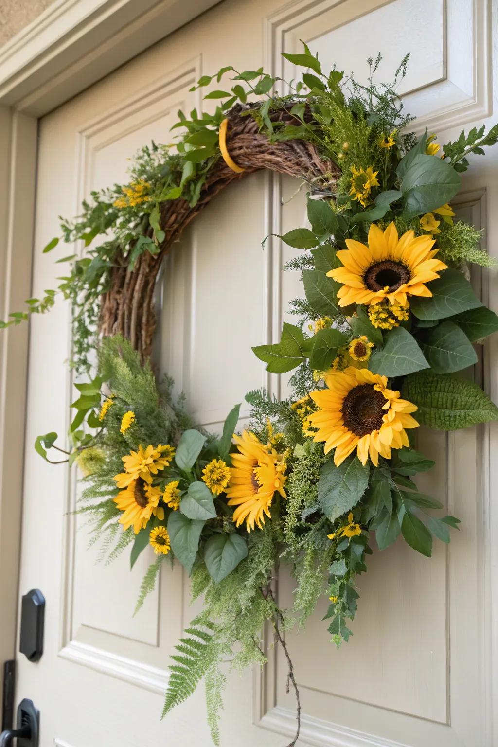 A sunflower wreath brings a touch of summer to your entryway.
