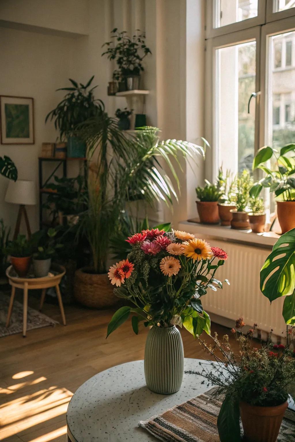 Thriving plants and colorful flowers brighten the interior.