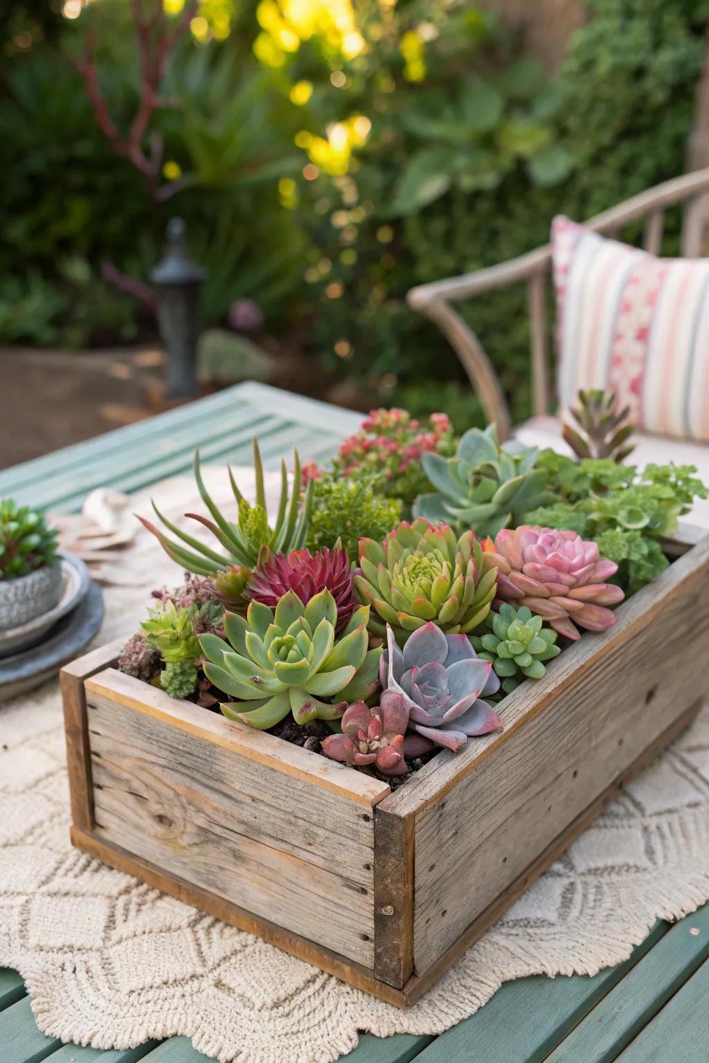 Brilliant xerophytes nestled in a countryside-style wooden box
