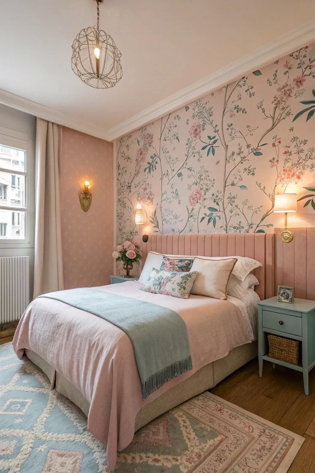 Design a serene space with pastel wallpaper.