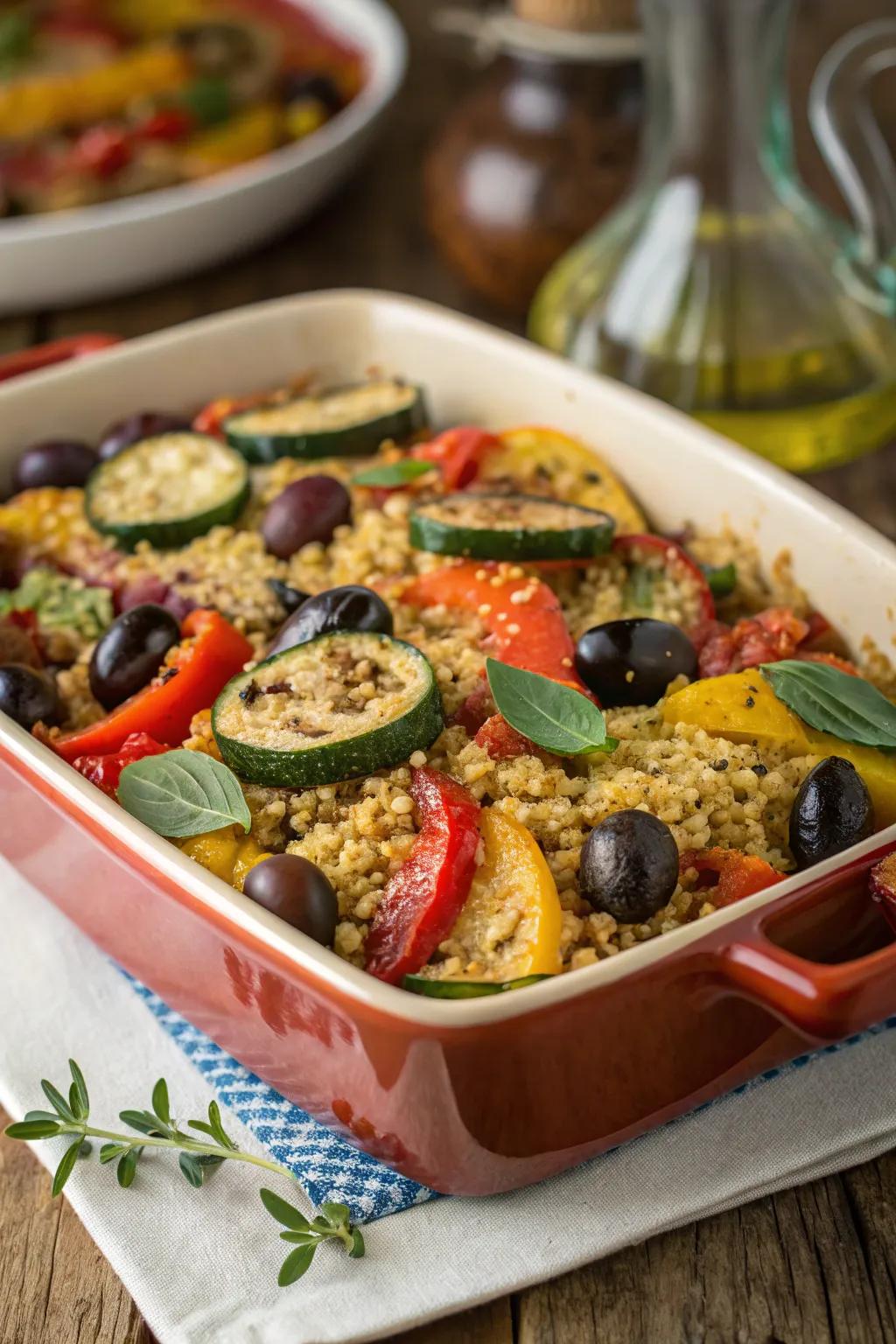 Coastal grain bake, bursting with vibrant flavors and colors.