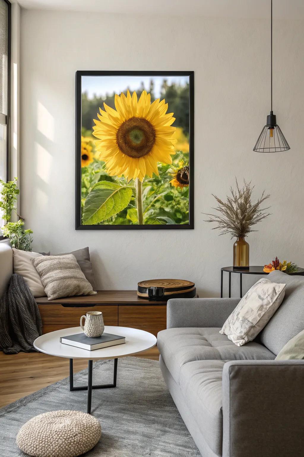 Framed sunflower art bringing a hint of warmth to any living area.