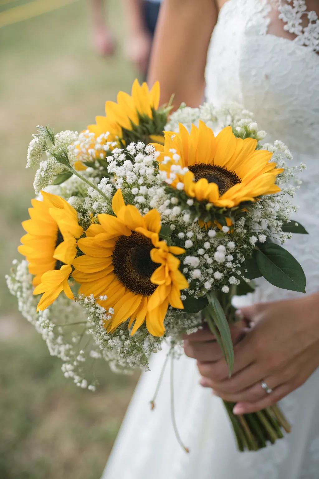 A breathtaking bridal posy featuring sunflowers and cloud grass.
