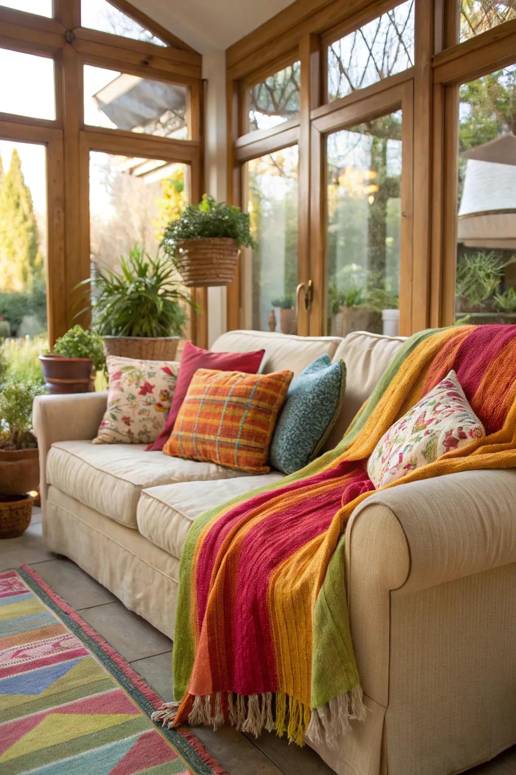 Layered feels heighten the comfort and fashion of this sunroom arrangement.