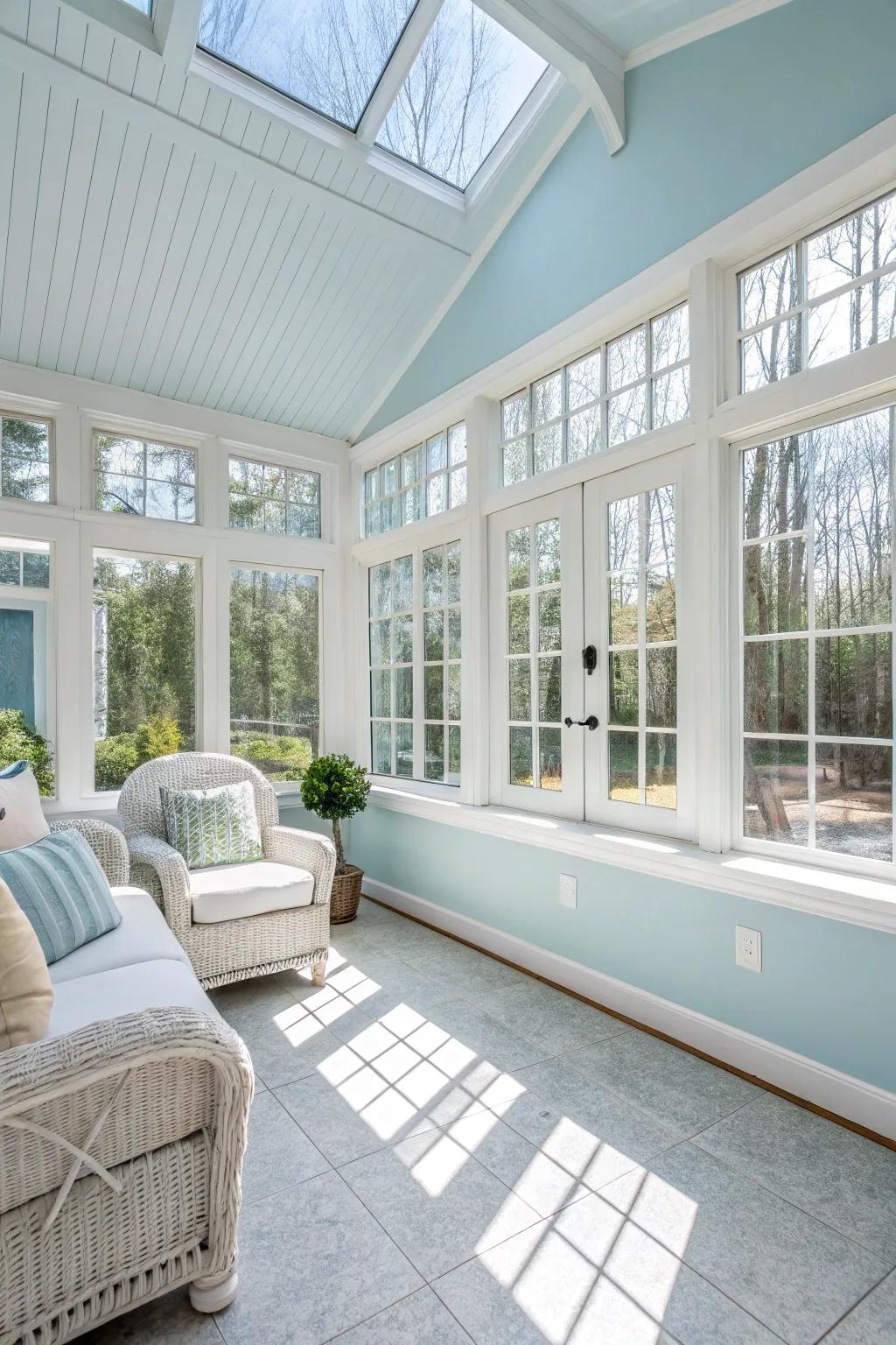 Bright colors enhance the sunroom’s openness and peace.